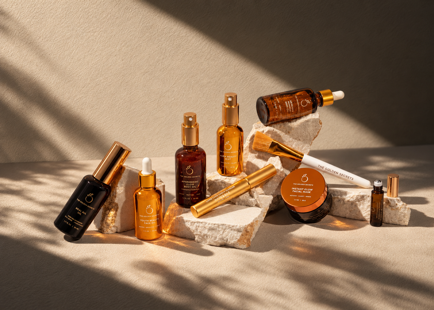 A collection of amber and gold skincare bottles, jars, and tubes arranged on stone pieces with soft shadows, set against a beige background.