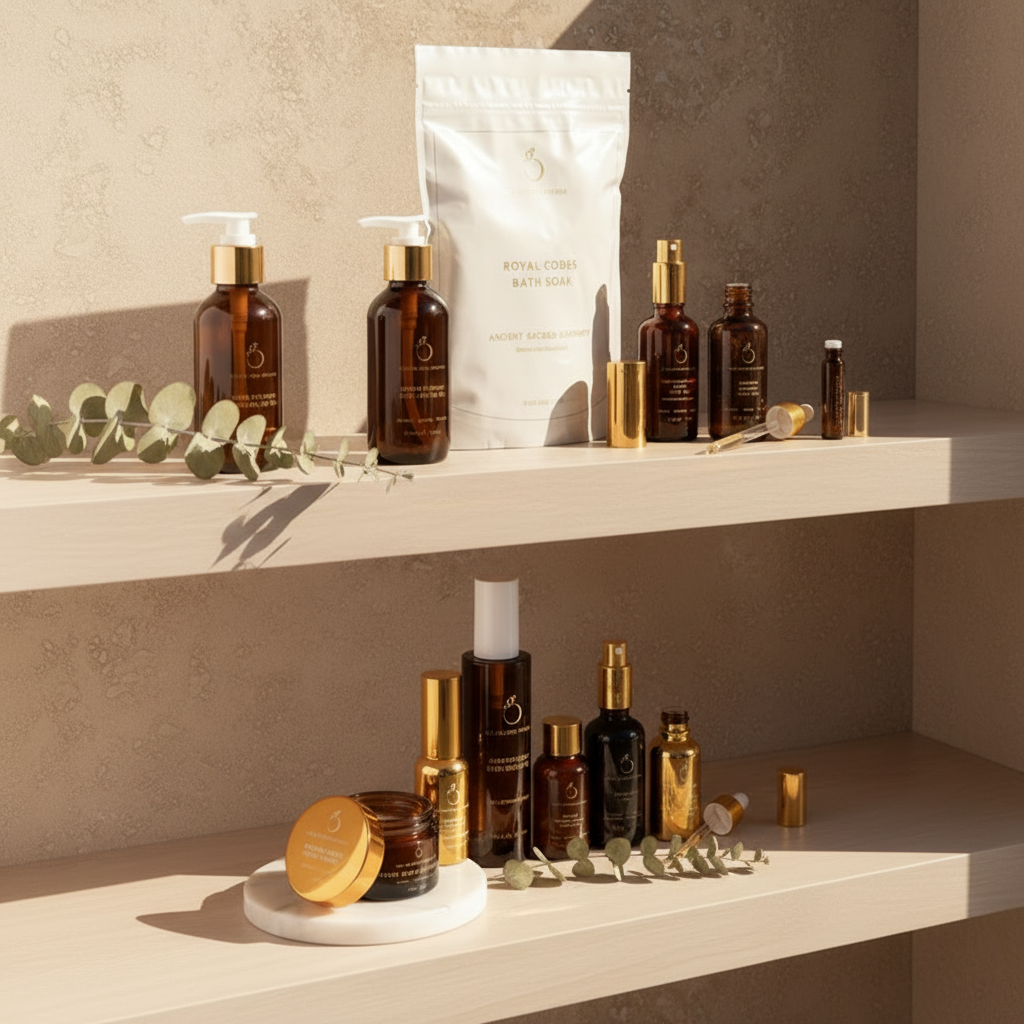 Two wooden shelves display brown and gold skincare bottles, jars, and a white bag of bath soak, with eucalyptus leaves placed decoratively among the products against a beige wall.