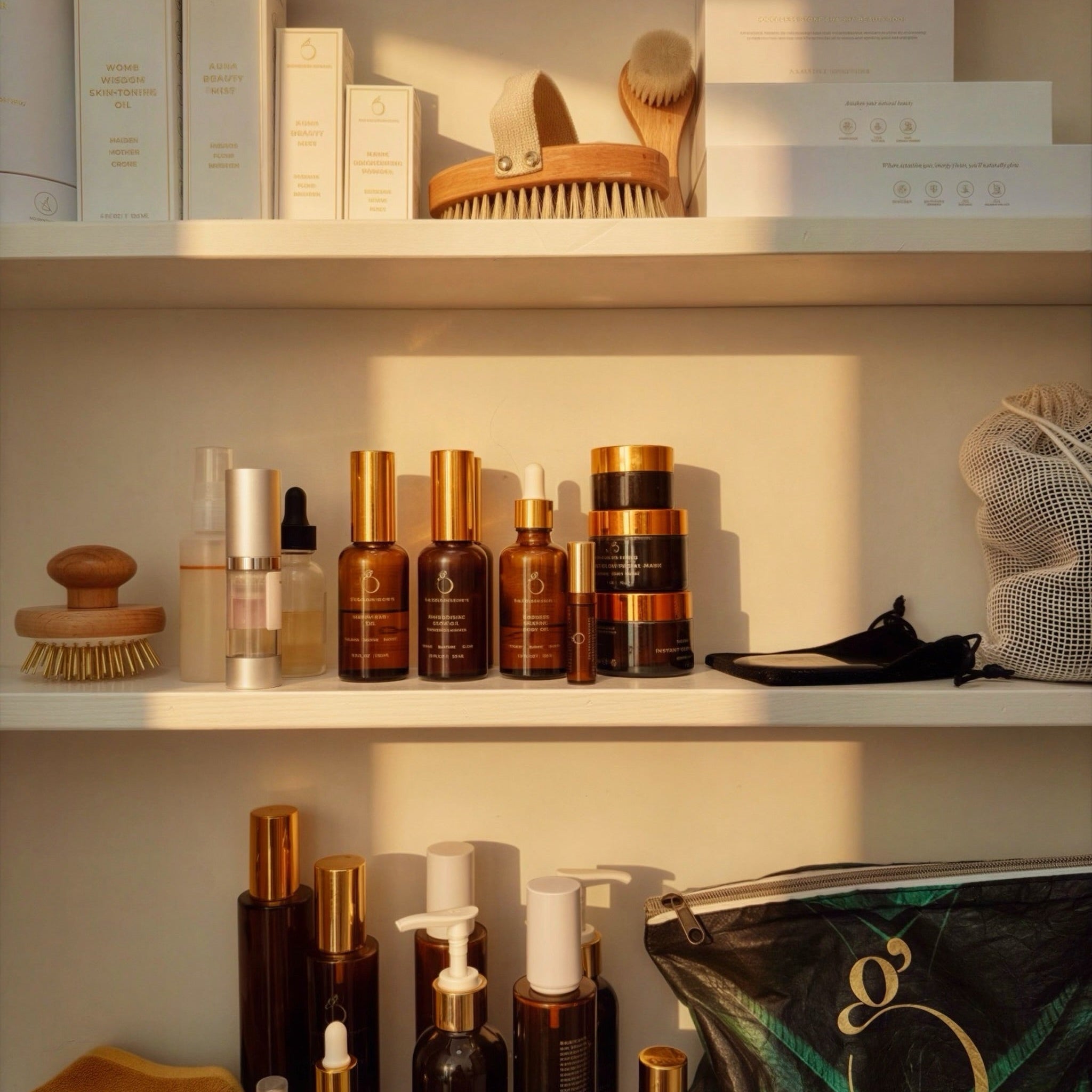 Shelves with neatly arranged skincare products in brown and gold bottles, brushes, boxes, a mesh bag, and a branded pouch, all bathed in warm sunlight.