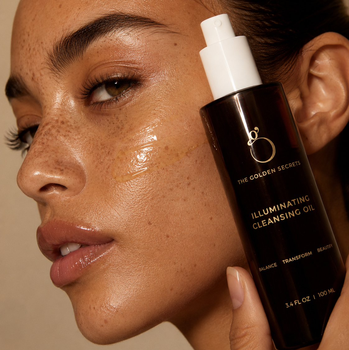 A close-up of a woman with glowing skin, holding a bottle of Illuminating Cleansing Oil by THE GOLDEN SECRETS—an effective oil cleanser enriched with Camellia Oleifera Seed Oil. A streak of oil is visible on her cheek, and the bottle label is clear and readable.