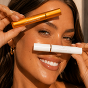 A woman smiling as she holds a gold tube labeled Long Lash Growth Serum by her eyebrow and a white tube labeled Full Brow Styling Serum below her eye, highlighting THE GOLDEN SECRETS Lash & Brow Duo for defined brows and fuller-looking lashes.