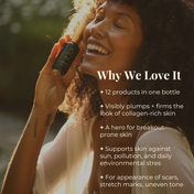 A smiling woman with curly hair holds a Hydrate & Heal Duo bottle from THE GOLDEN SECRETS to her face. Text highlights benefits: 12-in-1 formula, plumps and firms skin, supports the microbiome and strengthens the skin barrier, helps with breakouts, protects against stress, and aids scars and uneven tone.
