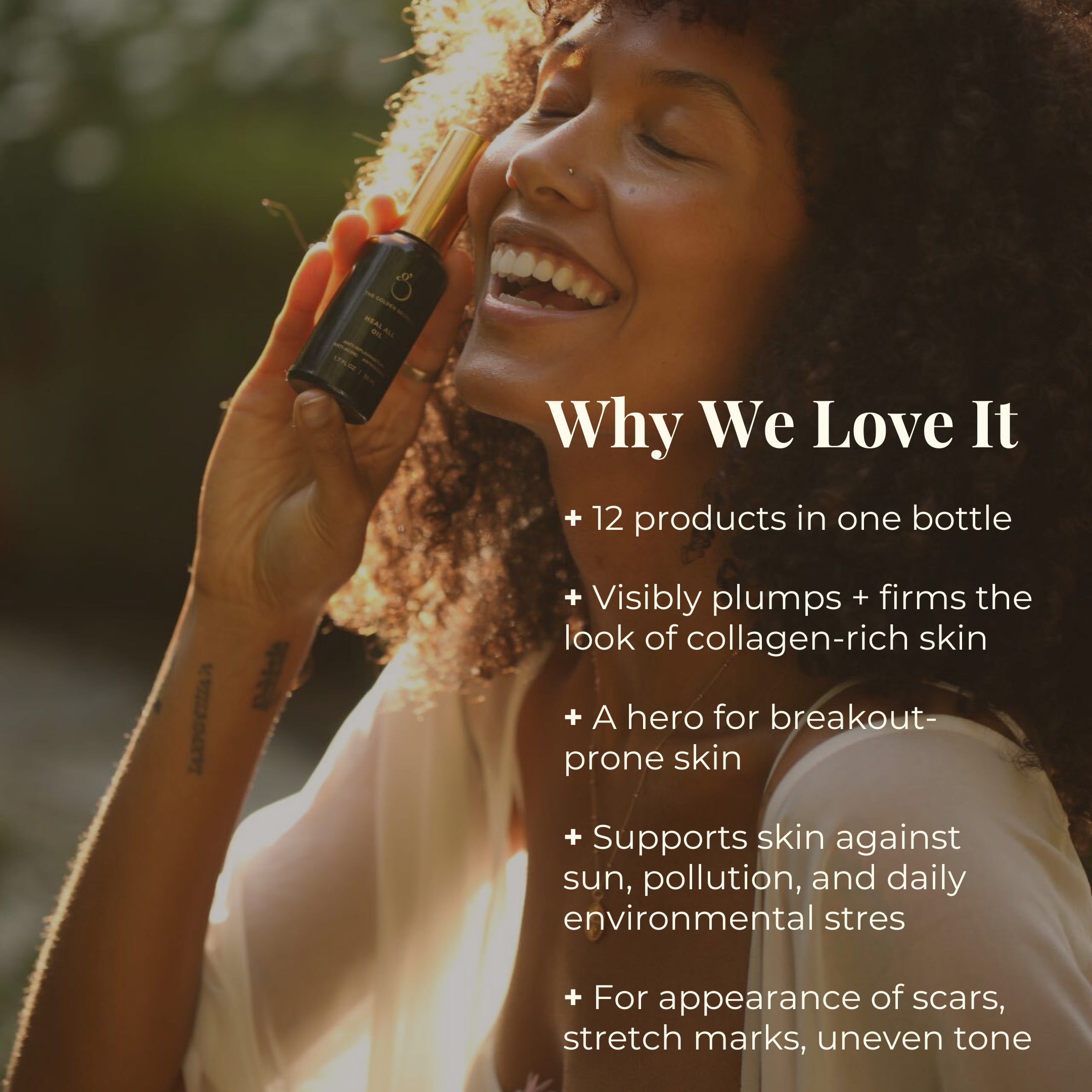 A smiling woman with curly hair holds a Hydrate & Heal Duo bottle from THE GOLDEN SECRETS to her face. Text highlights benefits: 12-in-1 formula, plumps and firms skin, supports the microbiome and strengthens the skin barrier, helps with breakouts, protects against stress, and aids scars and uneven tone.