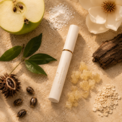 A white tube of THE GOLDEN SECRETS Full Brow Styling Serum rests on a beige surface, surrounded by natural ingredients like sliced green apple, white flower, castor seeds, lush green leaves, wood, oats, and resin crystals—highlighting its nature-inspired formula for fuller-looking brows and promoting lash and brow growth.