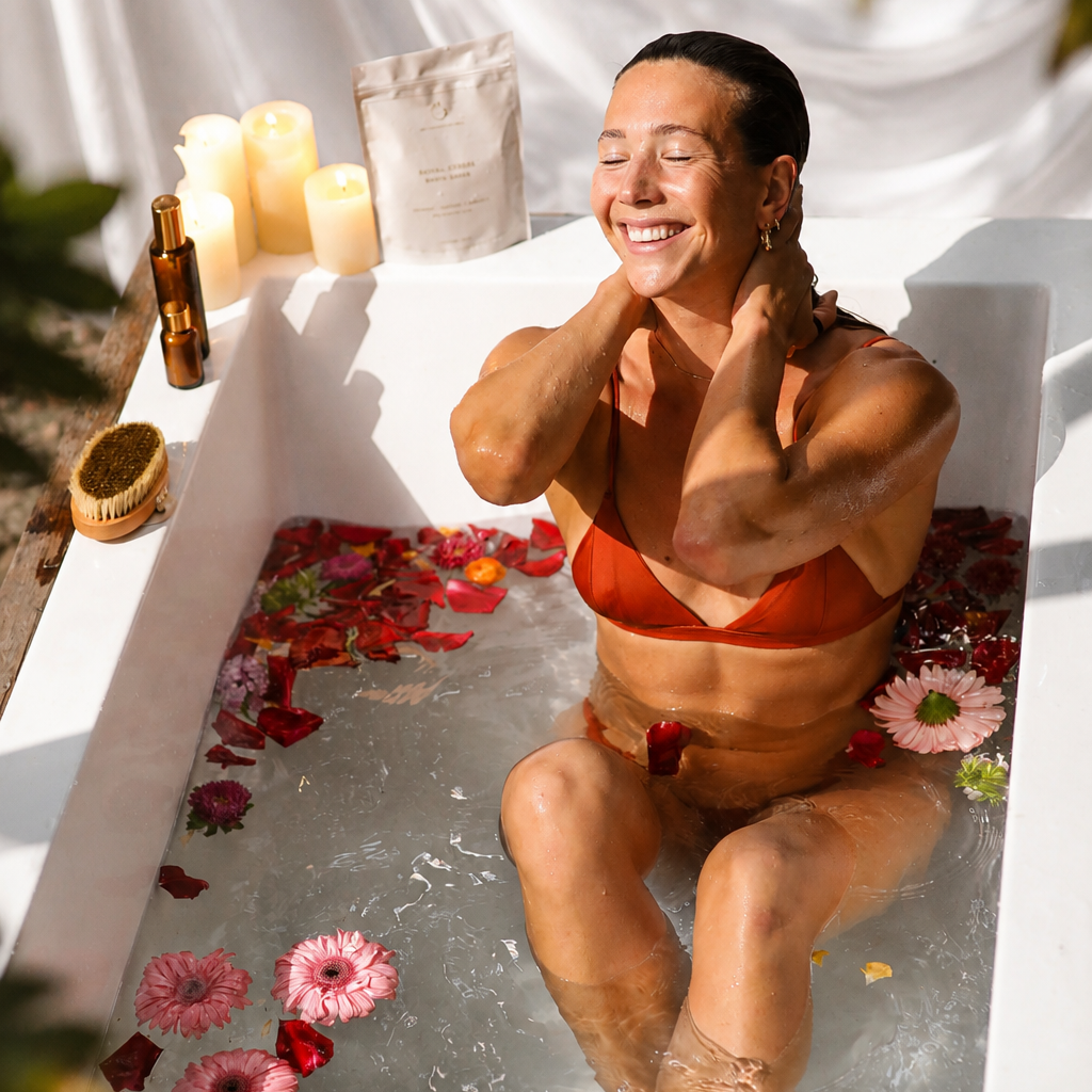 A woman in a red bikini sits in a white bathtub filled with water, flower petals, and candles, with a neutral pouch and bath accessories nearby.