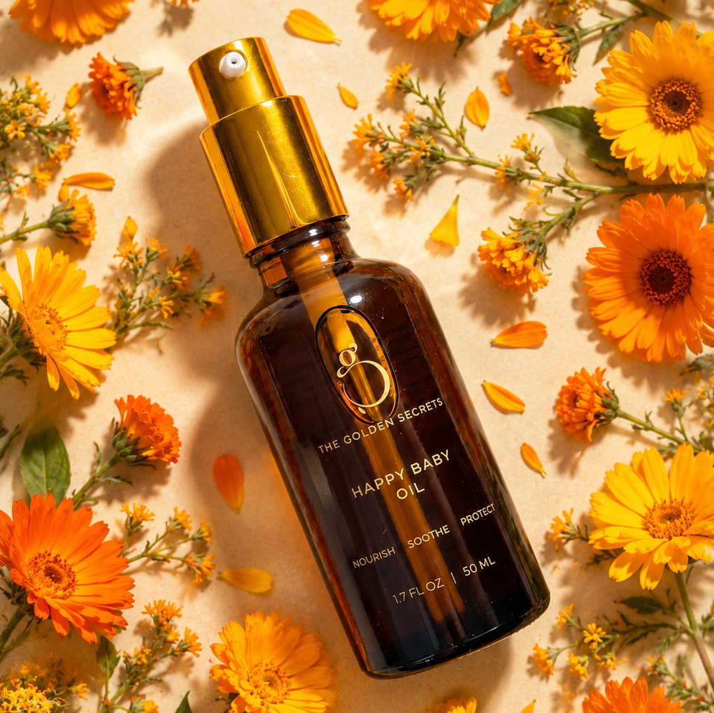 A brown glass bottle of THE GOLDEN SECRETS Happy Baby Oil with a gold spray top rests on a tan surface, surrounded by vibrant marigold petals—perfect to soothe dryness and care for sensitive skin.