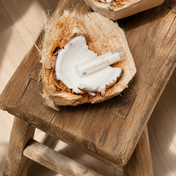 Perched atop a wooden stool, a freshly split coconut cradles a small tube of Organic Coconut Lip Balm from THE GOLDEN SECRETS, the tube nestled against the coconut’s creamy interior. Gentle sunlight drapes soft shadows over the arrangement, evoking a sense of natural lip hydration.