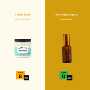 A comparison image showing Tubby Todd All-Over Ointment with a dirty rating of 8 on the left, and Happy Baby Oil—ideal for soothing dryness and sensitive skin—with a clean rating of 0 on the right.