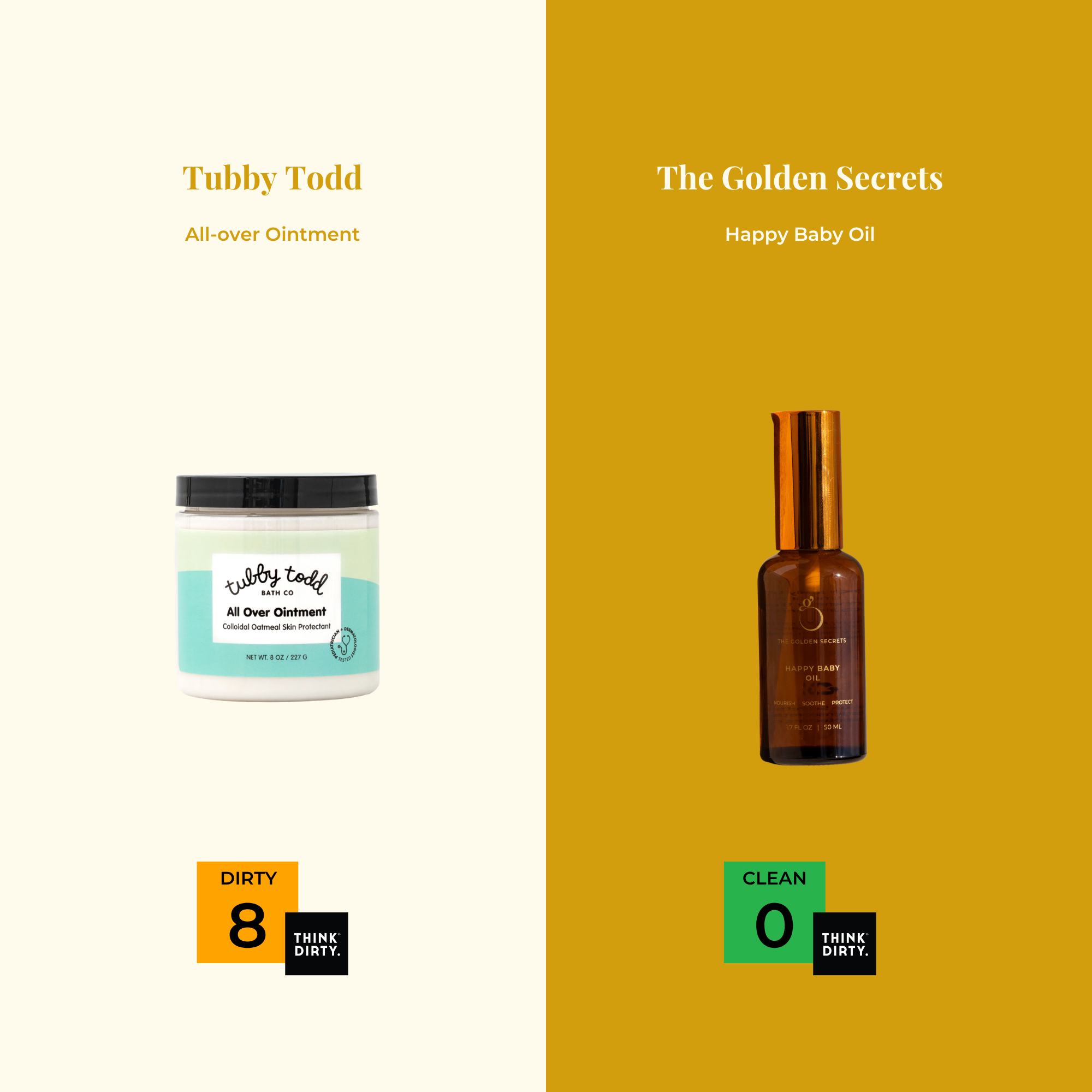 A comparison image showing Tubby Todd All-Over Ointment with a dirty rating of 8 on the left, and Happy Baby Oil—ideal for soothing dryness and sensitive skin—with a clean rating of 0 on the right.