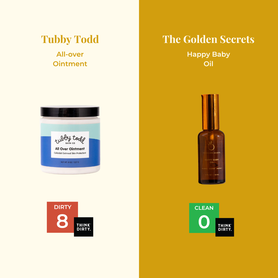 Two products with labels 'Tubby Todd All-over Ointment' and 'Happy Baby Oil' on a white and yellow background.