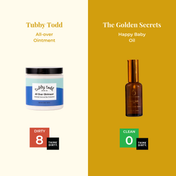 Two products with labels 'Tubby Todd All-over Ointment' and 'Happy Baby Oil' on a white and yellow background.