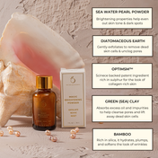 A bottle and box of THE GOLDEN SECRETS Magic Brightening Powder 3-in-1 are placed next to a large seashell, with text boxes highlighting ingredients such as sea water pearl powder, diatomaceous earth, OPTIMSM™, green sea clay, and bamboo. This gentle exfoliating cleanser combines the radiance-boosting benefits of luxurious pearl powder to leave your skin feeling fresh and luminous.