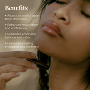 A person applies THE GOLDEN SECRETS Signature Blend Essential Oil roller to their neck. Text on the image highlights product benefits, such as adapting to body chemistry, enhancing magnetism and confidence, and promoting emotional balance—attributes all credited to its alluring scent and distinctive fragrance.