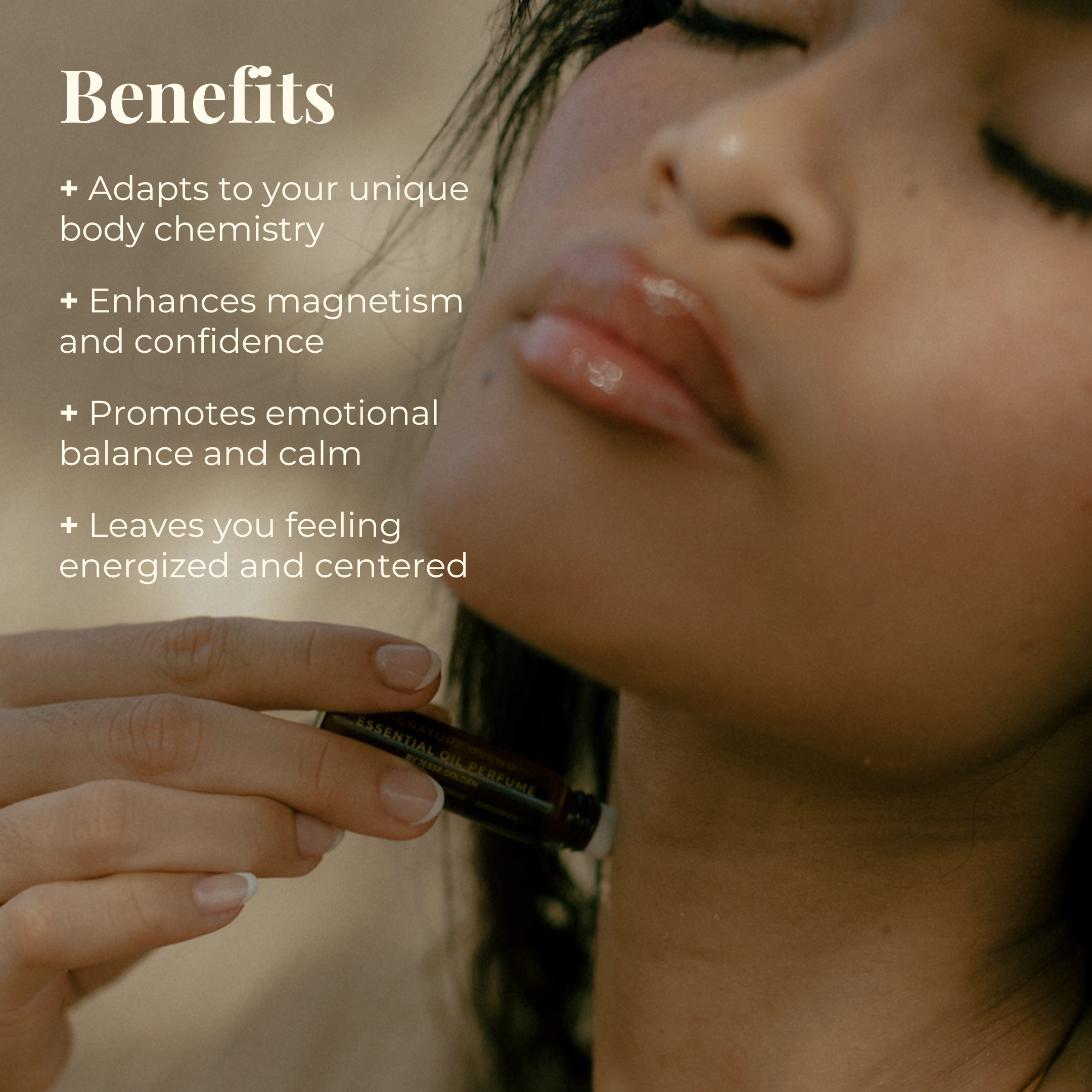 A person applies THE GOLDEN SECRETS Signature Blend Essential Oil roller to their neck. Text on the image highlights product benefits, such as adapting to body chemistry, enhancing magnetism and confidence, and promoting emotional balance—attributes all credited to its alluring scent and distinctive fragrance.