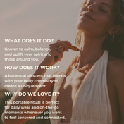 Bathed in soft sunlight, a woman in a white top applies THE GOLDEN SECRETS Signature Blend Essential Oil roller to her neck. Text describes how this alluring fragrance, crafted from botanical oils, offers calming and uplifting effects, emphasizing its natural magnetism, convenient portability, and daily benefits.