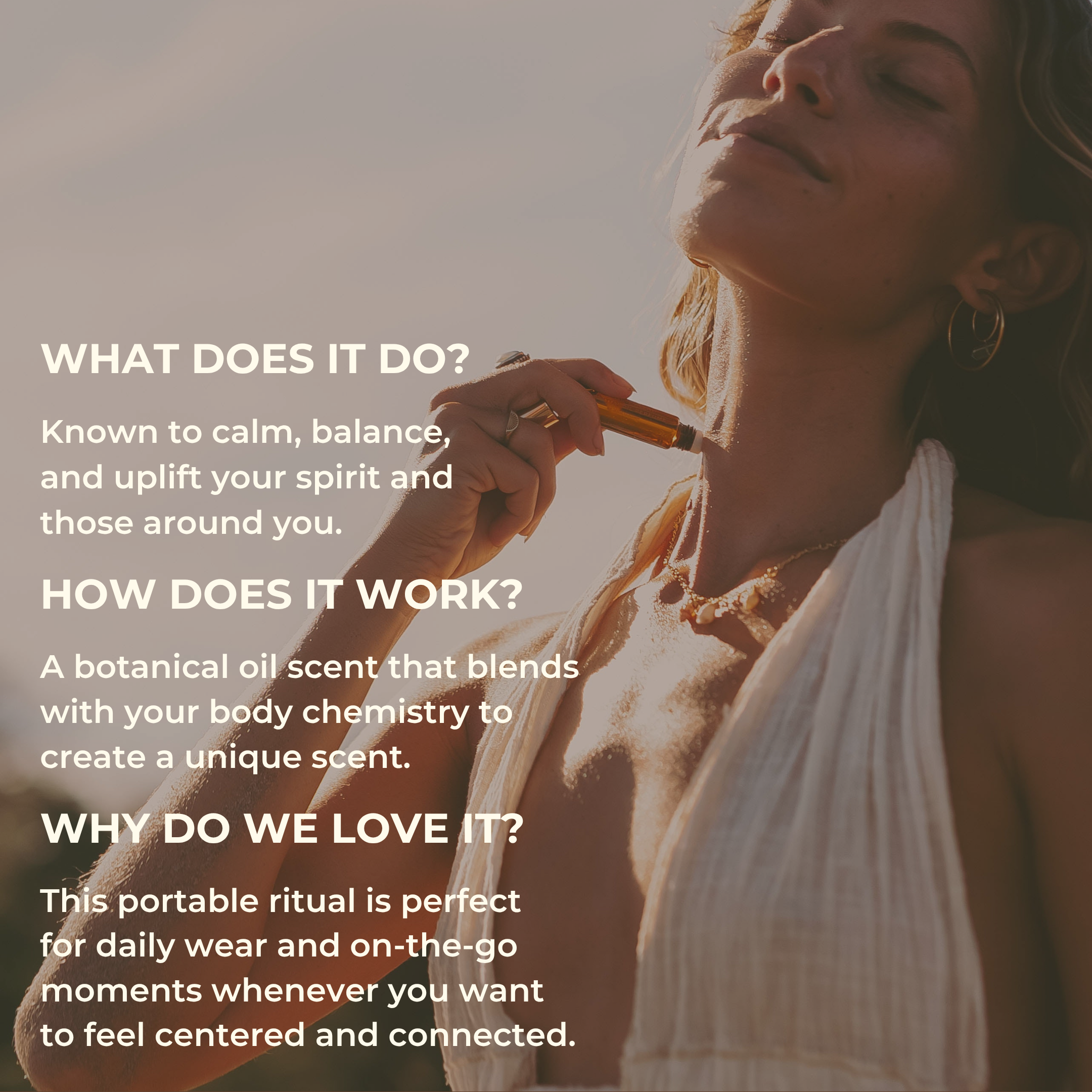 Bathed in soft sunlight, a woman in a white top applies THE GOLDEN SECRETS Signature Blend Essential Oil roller to her neck. Text describes how this alluring fragrance, crafted from botanical oils, offers calming and uplifting effects, emphasizing its natural magnetism, convenient portability, and daily benefits.