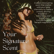 A woman in a yellow bikini and hat stands among tropical plants. Text reads: “Signature Blend Essential Oil by THE GOLDEN SECRETS. A clean, intoxicating aphrodisiac that adapts to your body chemistry to create a unique, alluring fragrance.”.
