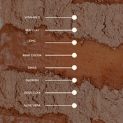 A list of potent skincare ingredients—Vitamin C, Sea Clay, Zinc, Raw Cocoa, DMAE, OptiMSM, Rose Clay, and Aloe Vera—each accompanied by a white dot against a textured brown and beige powder background. Ideal for the Instant Glow Facial Mask by THE GOLDEN SECRETS to deliver an antioxidant-rich treatment that rejuvenates aging skin and targets clogged pores.