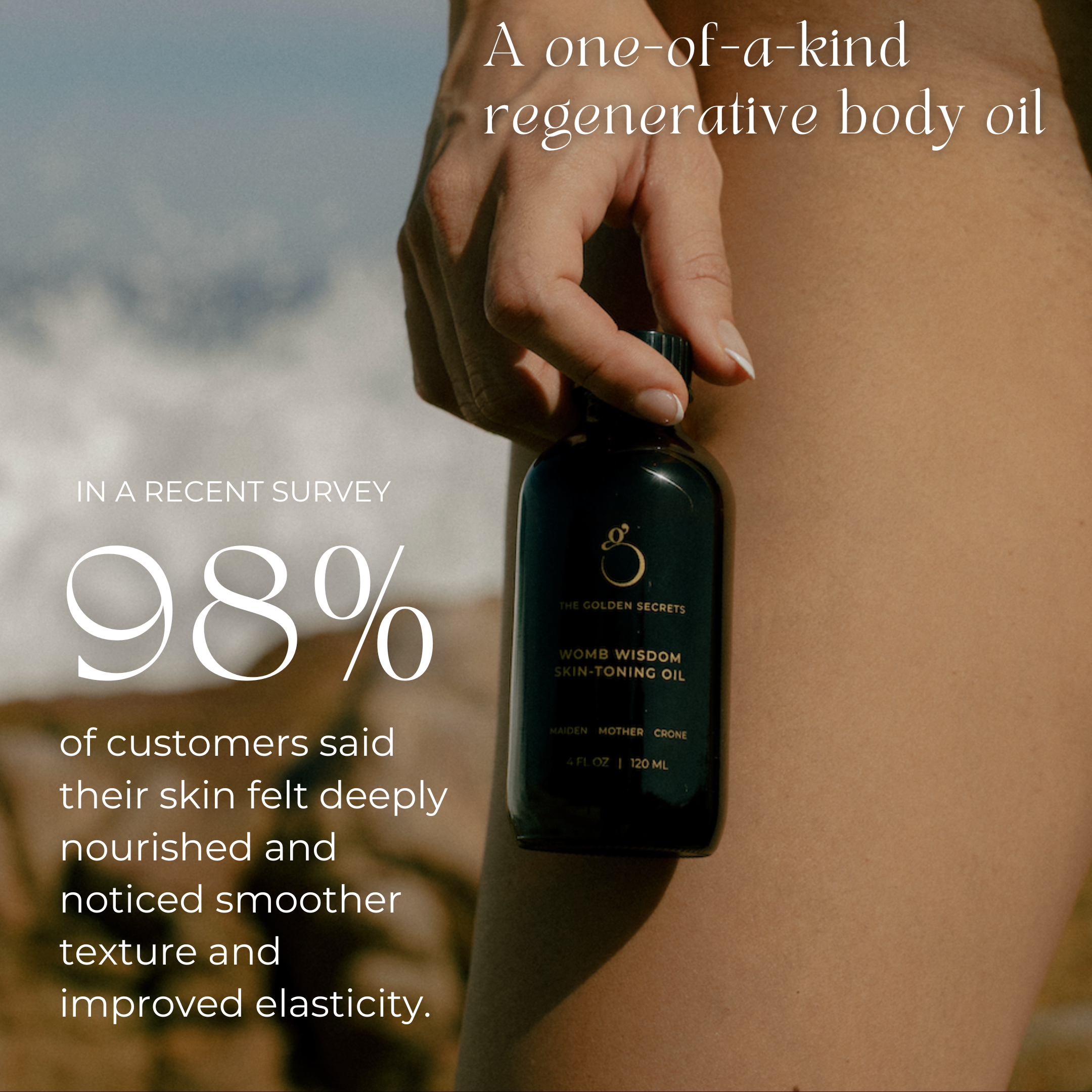 A person holds a bottle of THE GOLDEN SECRETS Womb Wisdom Skin-Toning Oil against their thigh. Text notes that 98% of customers observed improved skin texture, increased firmness, and enhanced elasticity after using this regenerative body oil infused with nourishing Cocoa Butter.