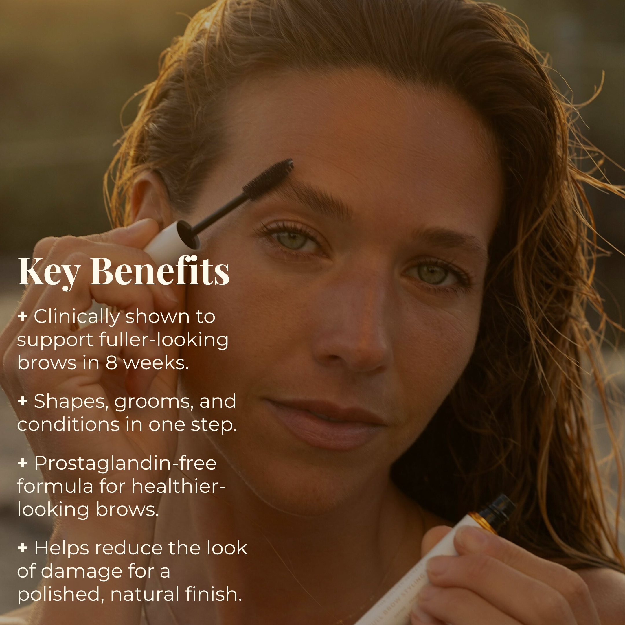A woman applies Full Brow Styling Serum by THE GOLDEN SECRETS with a wand, holding the sleek tube in her other hand. Text overlays highlight the product’s benefits, including fuller, thicker brows and a naturally beautiful finish. The softly blurred outdoor background keeps the spotlight on this powerful brow enhancer from THE GOLDEN SECRETS, designed to deliver healthier-looking results.