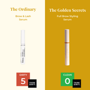 A split image compares The Ordinary Brow & Lash Serum (labeled Dirty 5) and THE GOLDEN SECRETS Full Brow Styling Serum (labeled Clean 0), highlighting their lash and brow serum formulas with Think Dirty score boxes at the bottom.