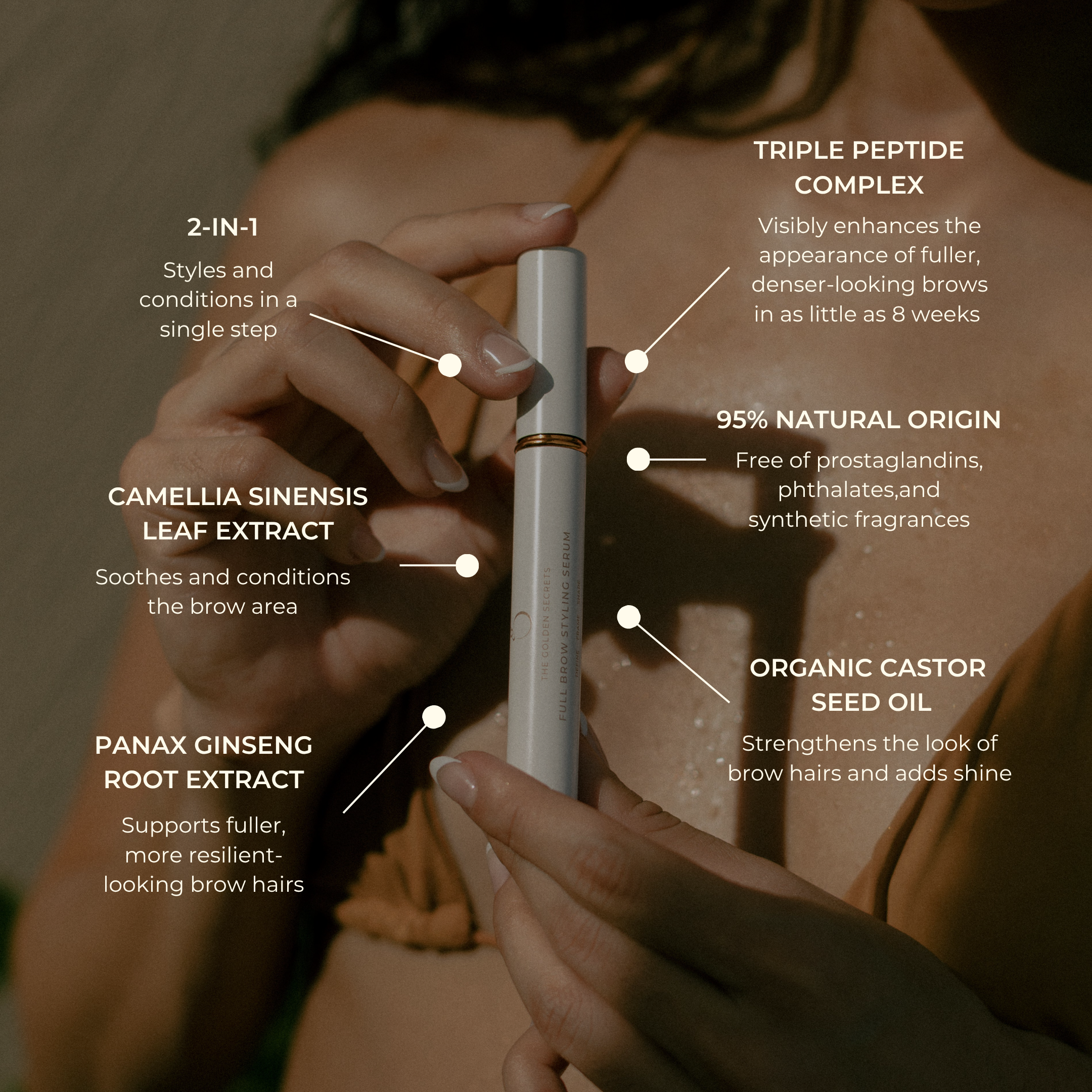 A person in a bikini holds a tube of THE GOLDEN SECRETS Full Brow Styling Serum. Text showcases its 2-in-1 styling formula, infused with natural extracts, a triple peptide complex, 95% natural origin ingredients, and organic castor seed oil to promote fuller, thicker brows and enhanced definition.