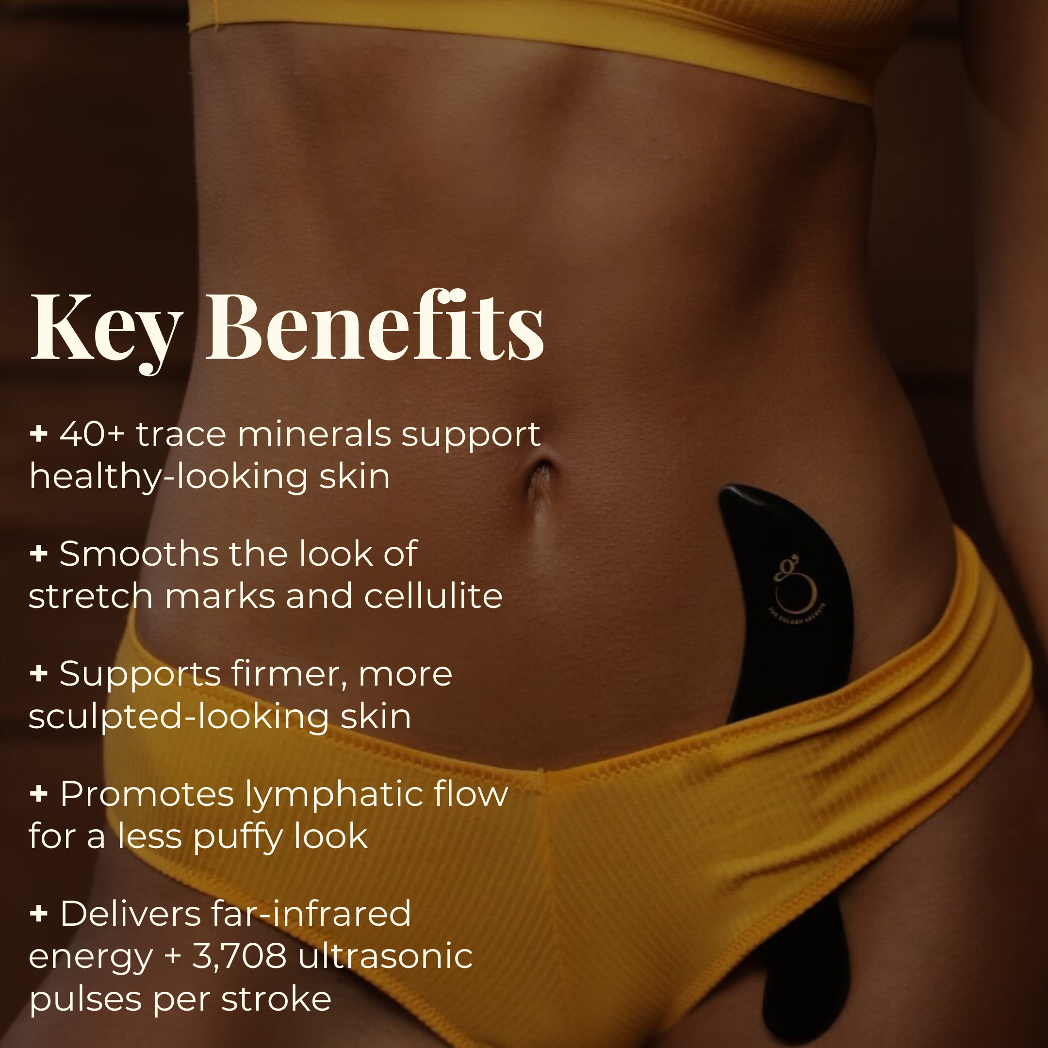 A woman in a yellow bikini holds THE GOLDEN SECRETS Sculpting Stone Gua Sha Body Tool to her hip. Text highlights skincare benefits, such as supporting healthy skin, reducing the appearance of stretch marks, sculpting, promoting lymphatic drainage, and delivering ultrasonic pulses.