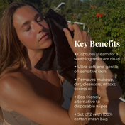 A woman enjoys a self-care ritual outdoors, pressing a Glowing Facial Cloth by THE GOLDEN SECRETS to her face. Text beside her highlights key benefits of the cloth, including its incredible softness, eco-friendliness, and effectiveness at removing makeup—making it an ideal choice among facial cloths.