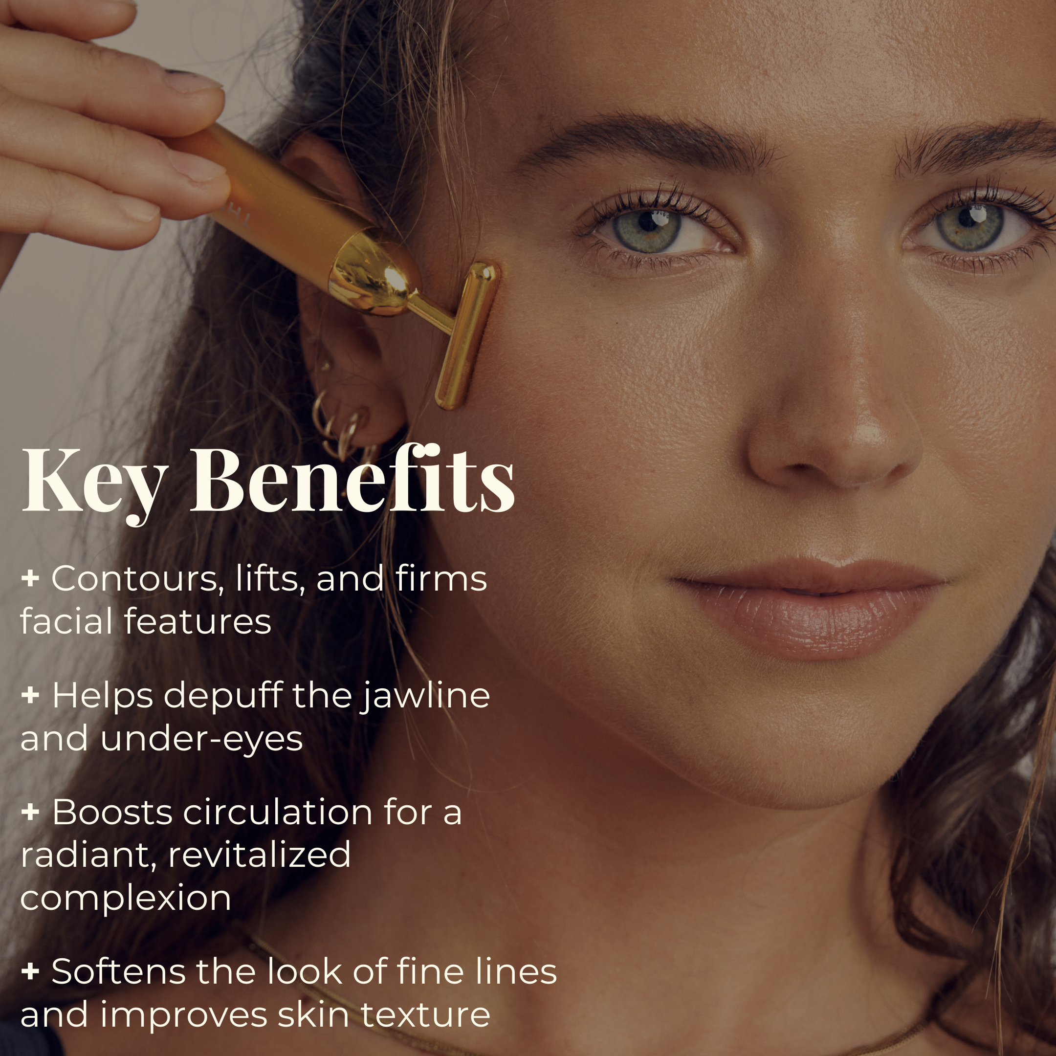 A woman uses THE GOLDEN SECRETS Gold Pulse Firming Face Wand, a 24k gold-plated sonic tool, on her cheek as benefits are listed: contours, lifts, firms, depuffs the jawline and under-eyes, boosts circulation, and softens fine lines and skin texture for ultimate skin revitalization.