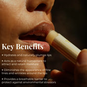 A person applies THE GOLDEN SECRETS Organic Coconut Lip Balm to their lips. Text on the image highlights its key benefits: hydration, natural plumping, humectant action, reducing fine lines, and providing a protective barrier—perfect for hydrating lips with USDA Organic ingredients.
