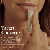 A person applies THE GOLDEN SECRETS Organic Coconut Lip Balm, with text highlighting concerns like dry, chapped lips, lip lines and wrinkles, loss of fullness, environmental exposure, and under-eye dryness—while showcasing how it hydrates lips for a naturally plump look.