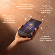 A hand holds a deck of The Golden Secrets Guidance Cards by THE GOLDEN SECRETS, featuring a gold figure on the top card. Callouts highlight the deck’s power to inspire emotional comfort, optimism, and intuitive connection, along with its included 174-page guidebook designed to provide an optimistic outlook and bring peace of mind.