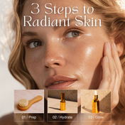 A close-up of a woman with glowing skin touches her face. Text reads: “3 Steps to Radiant Skin.” Featured below are images labeled: 01/Prep (Lymphatic Facial Dry Brush from the Lymph & Lift Kit by THE GOLDEN SECRETS) 02/Hydrate (Hydrating Beauty Mist from THE GOLDEN SECRETS) 03/Glow (Signature Face Oil Dropper Bottle, part of the Lymph & Lift Kit by THE GOLDEN SECRETS).