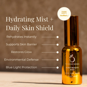 A gold bottle labeled Lymph & Lift Kit by THE GOLDEN SECRETS stands beside text listing benefits: rehydrates, supports skin barrier, restores glow, environmental defense, and blue light protection—making it the perfect hydrating beauty mist for your daily routine. A Think Dirty Verified badge appears above.
