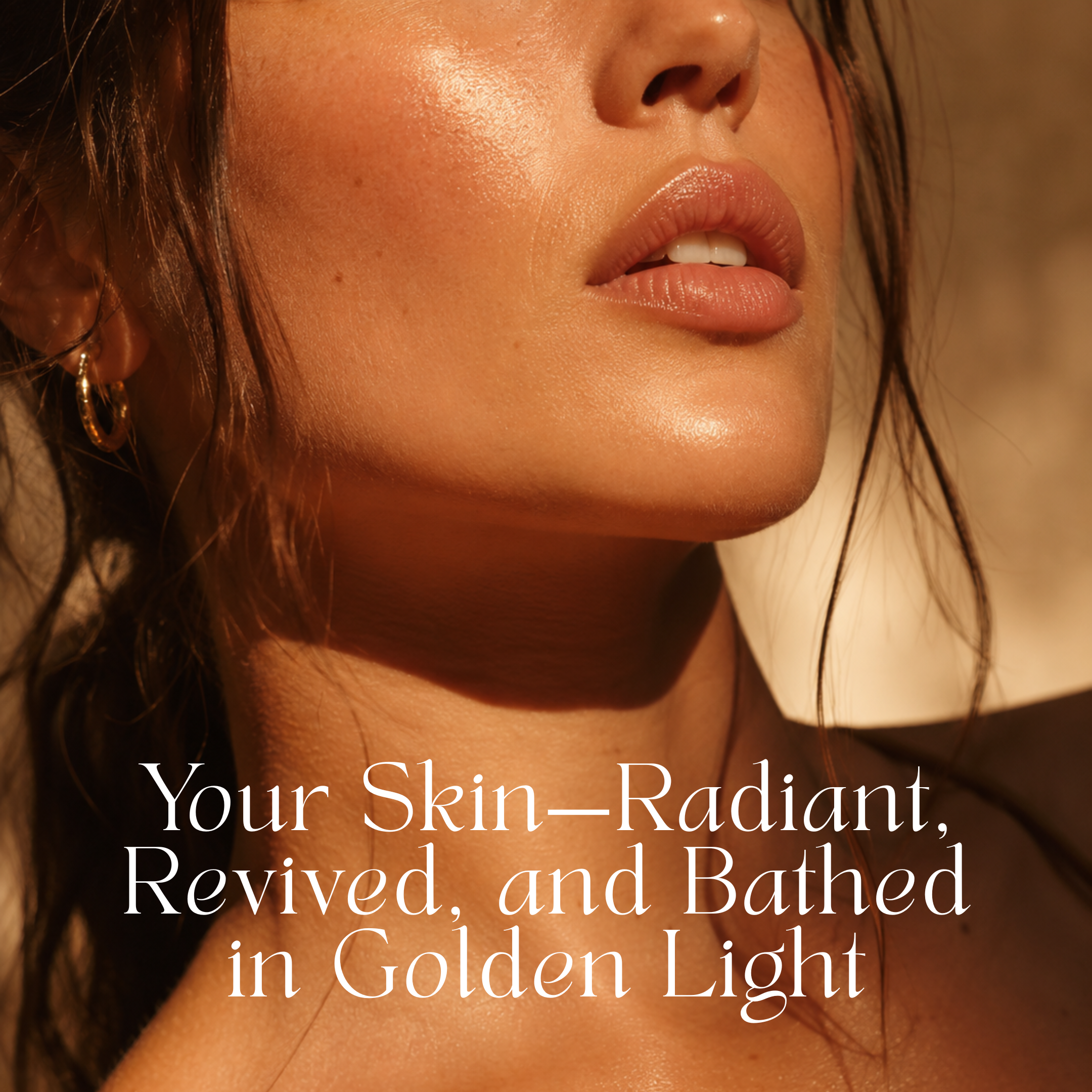 A close-up of a woman’s luminous face bathed in warm sunlight, showcasing radiant, smooth skin and glossy lips. Text overlay reads: Illuminate Your Beauty—Revitalize and Glow with THE GOLDEN SECRETS Golden Hour Duo and our award-winning oils.
