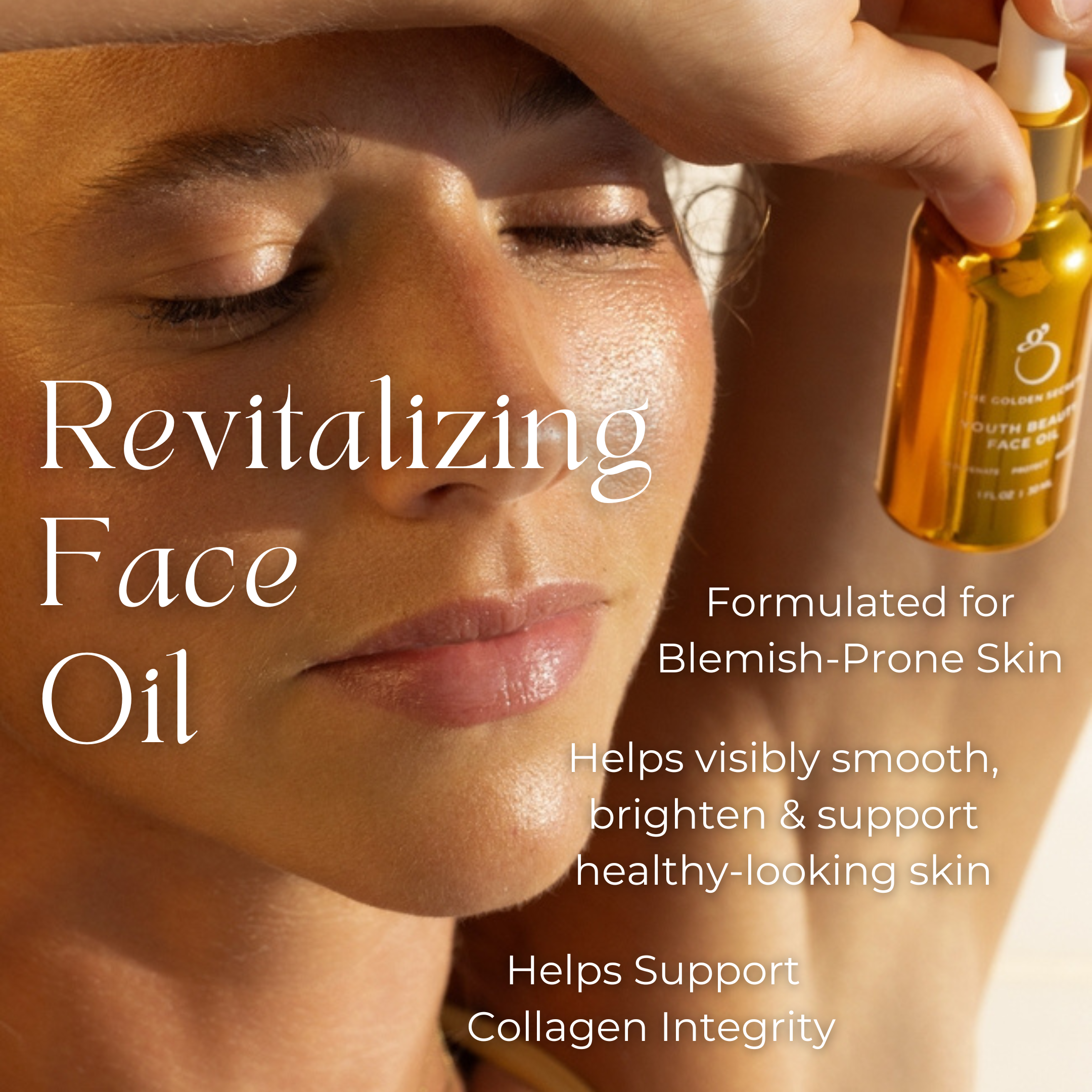 A woman applies THE GOLDEN SECRETS Golden Hour Duo face oil from a dropper bottle to her cheek, revealing her radiant skin. Text on the image highlights benefits: formulated for blemish-prone skin, smooths, brightens, and supports skin health and collagen integrity with our award-winning Golden Hour Duo oils.