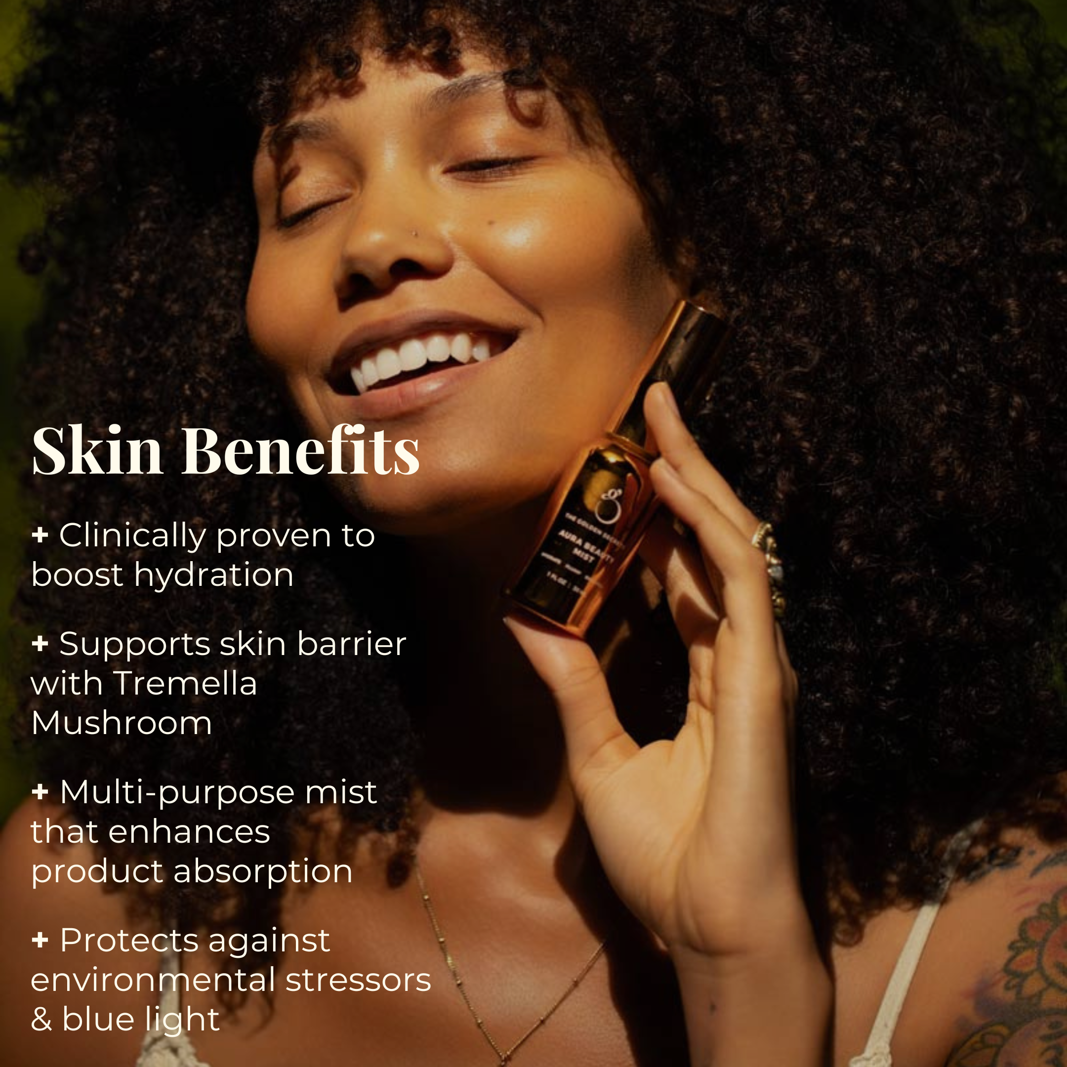 A woman with curly hair smiles while holding THE GOLDEN SECRETS Hydrate & Heal Duo. Text beside her highlights the skin benefits: boosts hydration, supports the skin barrier, enhances absorption, and protects sensitive skin from stressors and blue light.