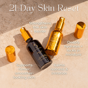 Two serum bottles with gold caps from THE GOLDEN SECRETS Hydrate & Heal Duo rest on a beige surface. Text highlights benefits: stronger skin barrier, deep hydration, firmer skin, and calming redness—delivered by this duo designed to support your skin’s microbiome. “21-Day Skin Reset” appears at the top.