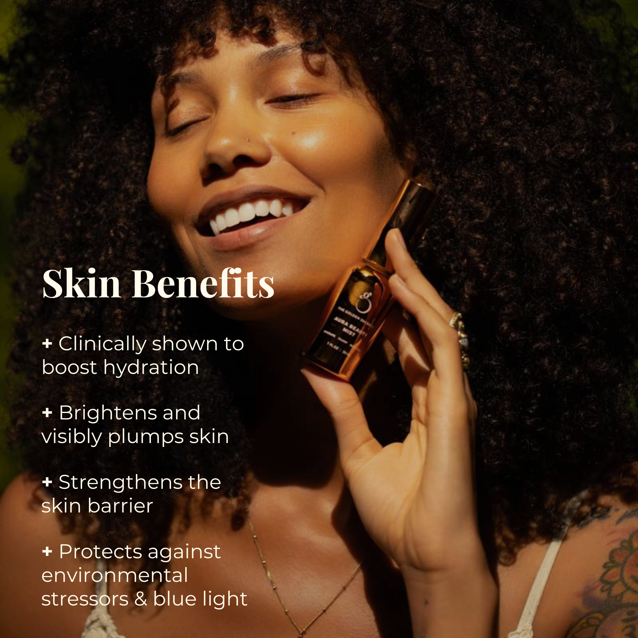 A smiling woman with curly hair holds a serum bottle from THE GOLDEN SECRETS Ultimate Glow Trio Kit. Text on the left highlights skin benefits: boosts hydration, brightens, plumps, strengthens the skin barrier, and offers protection against stressors and blue light to help hydrate and revitalize your skin.
