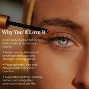 A close-up of a person applying THE GOLDEN SECRETS Lash & Brow Duo to their upper lashes, with text highlighting benefits like longer, fuller-looking lashes and reduced breakage. The image also showcases how regular use of this Lash & Brow Duo can lead to healthier-looking lashes and more defined brows in as little as 8 weeks.