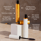 Two cosmetic tubes with applicators from THE GOLDEN SECRETS Lash & Brow Duo are displayed on a light stone block. Text highlights this 2-in-1 styling and growth product’s vegan formula, clinical results, and benefits for achieving fuller-looking lashes and defined brows.