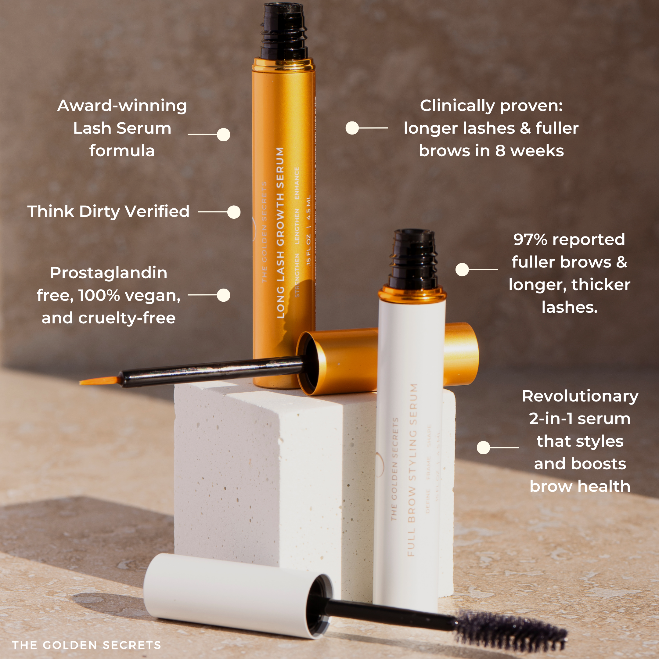 Two cosmetic tubes with applicators from THE GOLDEN SECRETS Lash & Brow Duo are displayed on a light stone block. Text highlights this 2-in-1 styling and growth product’s vegan formula, clinical results, and benefits for achieving fuller-looking lashes and defined brows.
