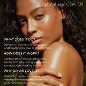 A woman with glowing, sun-kissed skin poses outdoors. Text on image describes the Sculpt & Glow Duo from THE GOLDEN SECRETS—a luxurious glow body oil duo that delivers an instant radiance, a lightweight feel, easy wash-off, and no DHA or streaks—perfect for enhancing your natural luminosity while helping to smooth the appearance of stretch marks.