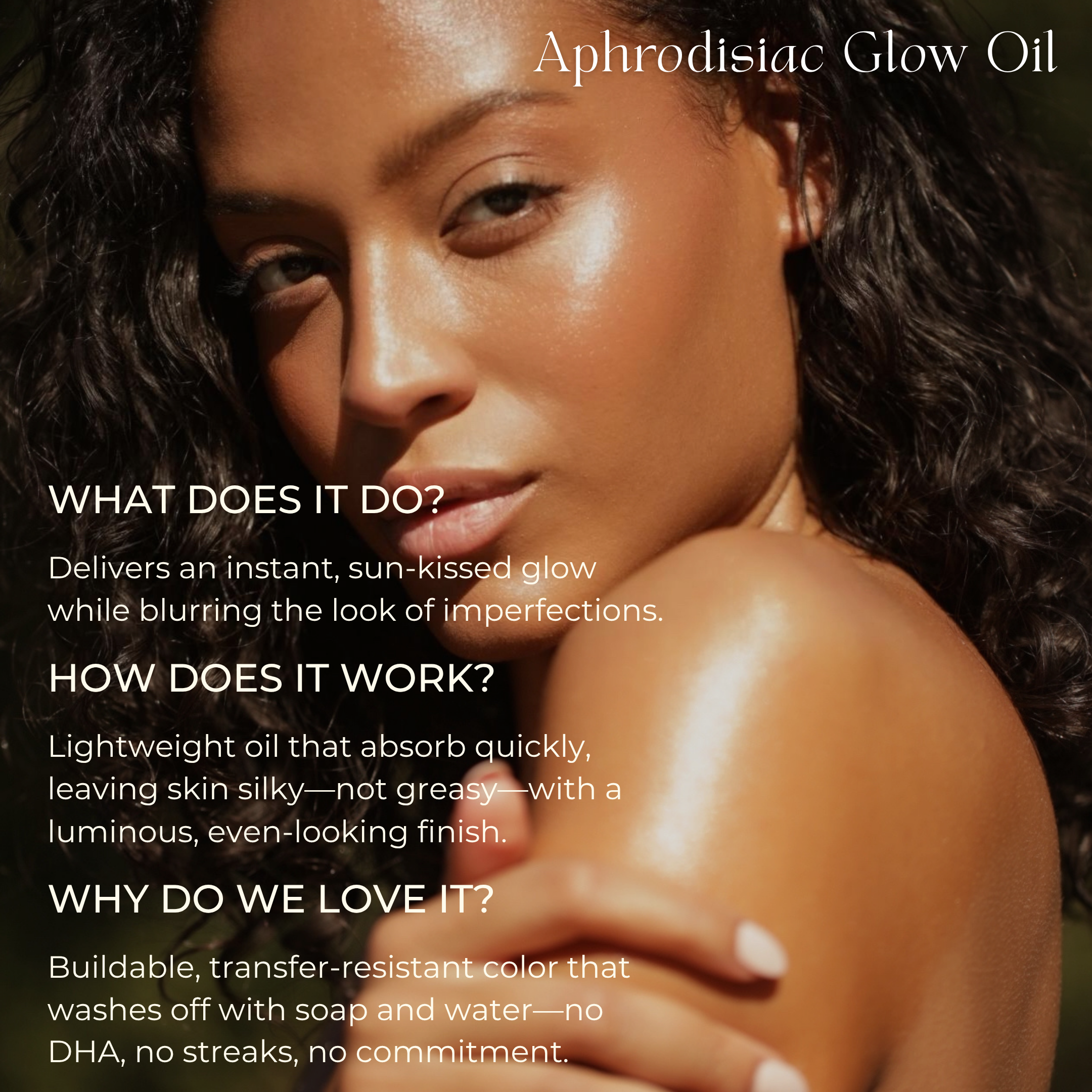 A woman with glowing, sun-kissed skin poses outdoors. Text on image describes the Sculpt & Glow Duo from THE GOLDEN SECRETS—a luxurious glow body oil duo that delivers an instant radiance, a lightweight feel, easy wash-off, and no DHA or streaks—perfect for enhancing your natural luminosity while helping to smooth the appearance of stretch marks.