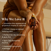 A woman with glowing skin holds a dropper bottle of Goddess Shaping Body Oil by THE GOLDEN SECRETS; text highlights benefits such as reducing cellulite, firming and tightening the skin, nourishing dry brushing routines, offering a spa-like aroma, and supporting lymphatic massage.