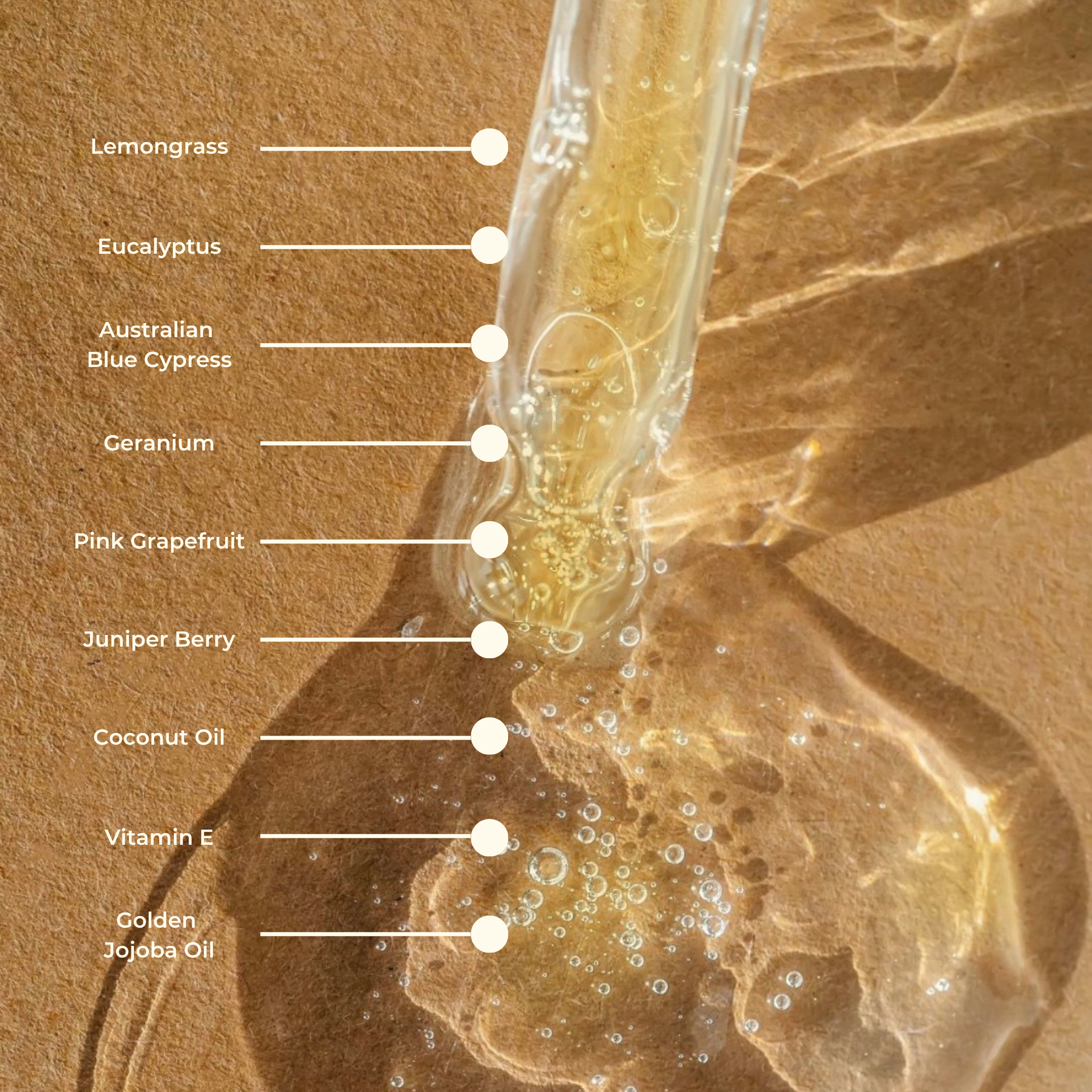 A dropper containing oil rests on a brown surface, its label listing ingredients like lemongrass, eucalyptus, Australian blue cypress, geranium, pink grapefruit, juniper berry, coconut oil, vitamin E, and golden jojoba oil—the ideal Body Oil from THE GOLDEN SECRETS to use with your favorite Gua Sha Body Tool or to include in the Body Sculpting Kit.