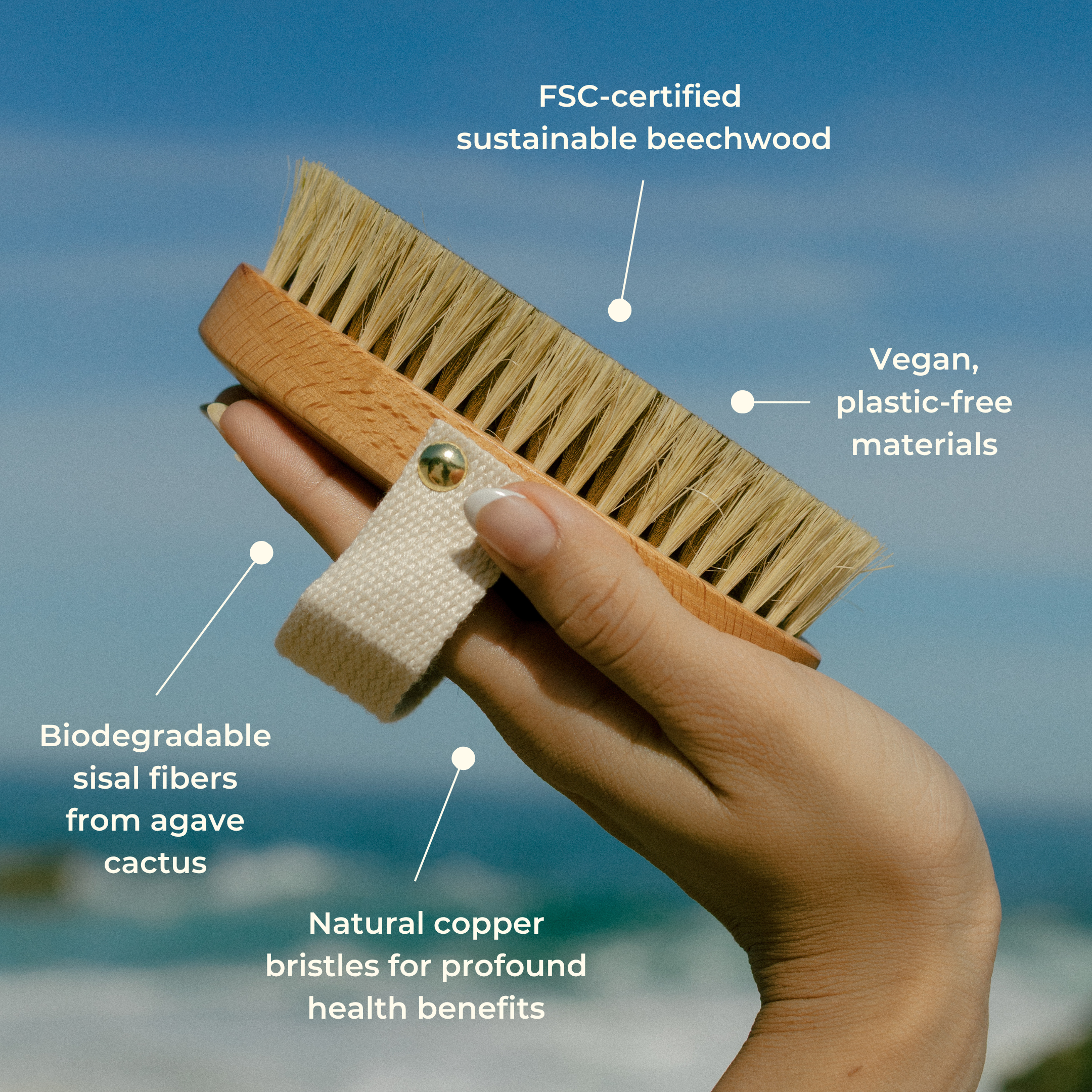 A hand holds a brush crafted from beechwood, sisal fibers, and copper bristles by THE GOLDEN SECRETS. Text highlights its sustainable, vegan, plastic-free, and biodegradable materials—an ideal companion for your favorite gua sha body tool or as part of the Body Sculpting Kit—all set against a softly blurred outdoor background.