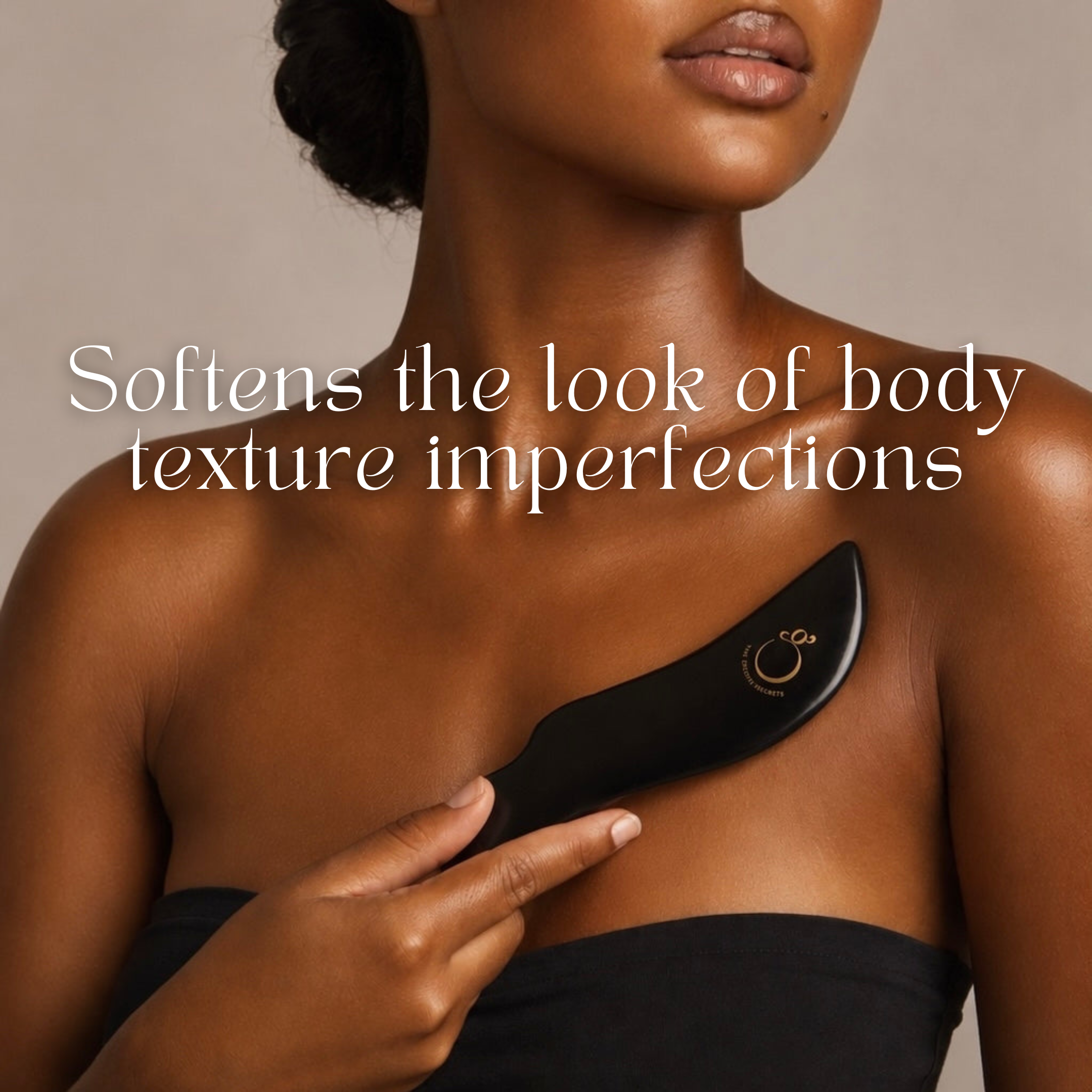 A woman uses THE GOLDEN SECRETS Body Sculpting Kit on her shoulder. Overlay text reads: Softens the look of body texture imperfections.