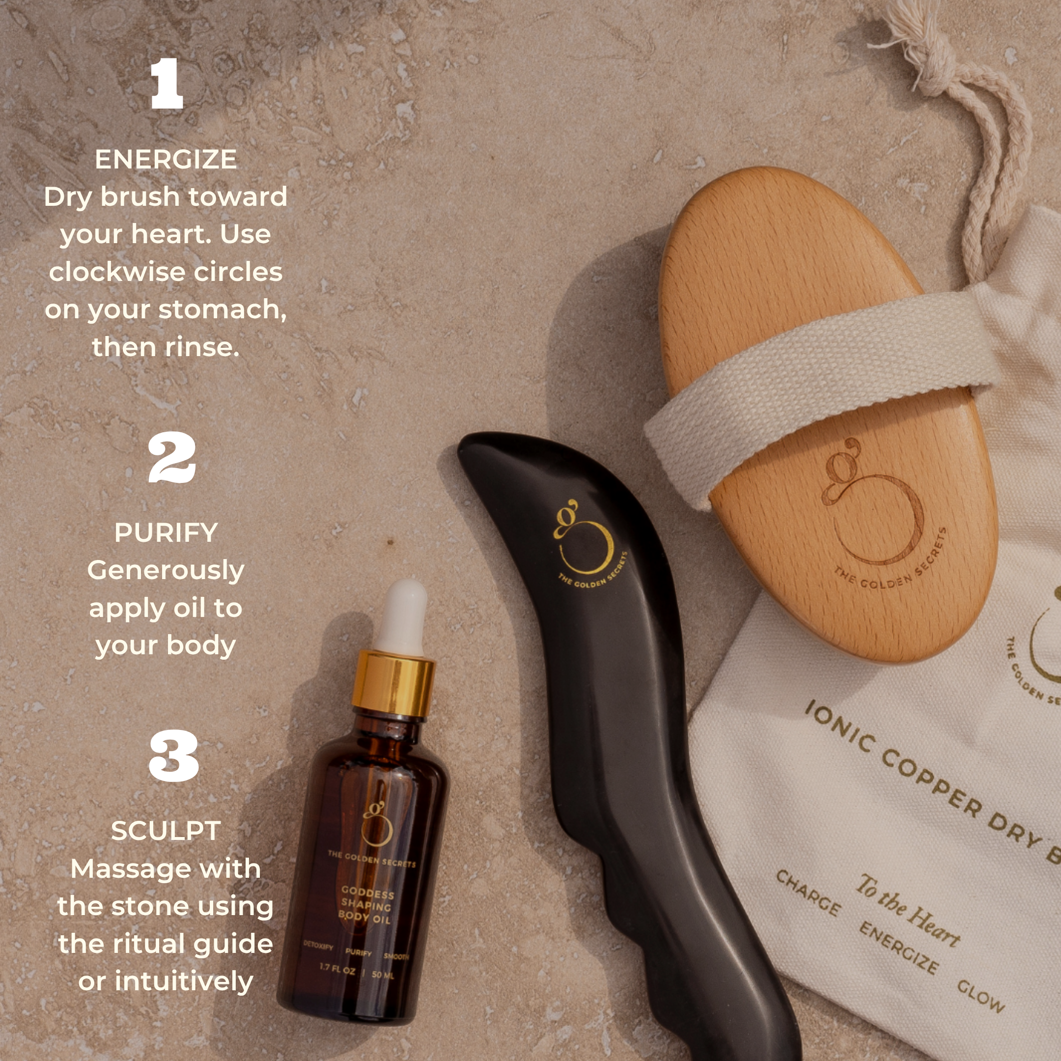 Flat lay of THE GOLDEN SECRETS Body Sculpting Kit: includes a wooden dry brush, wavy black stone gua sha body tool, dropper oil bottle, and cloth bag, with energize, purify, and sculpt steps displayed on the left in white text. This carefully curated kit is designed to boost lymphatic flow and promote smooth, radiant skin.