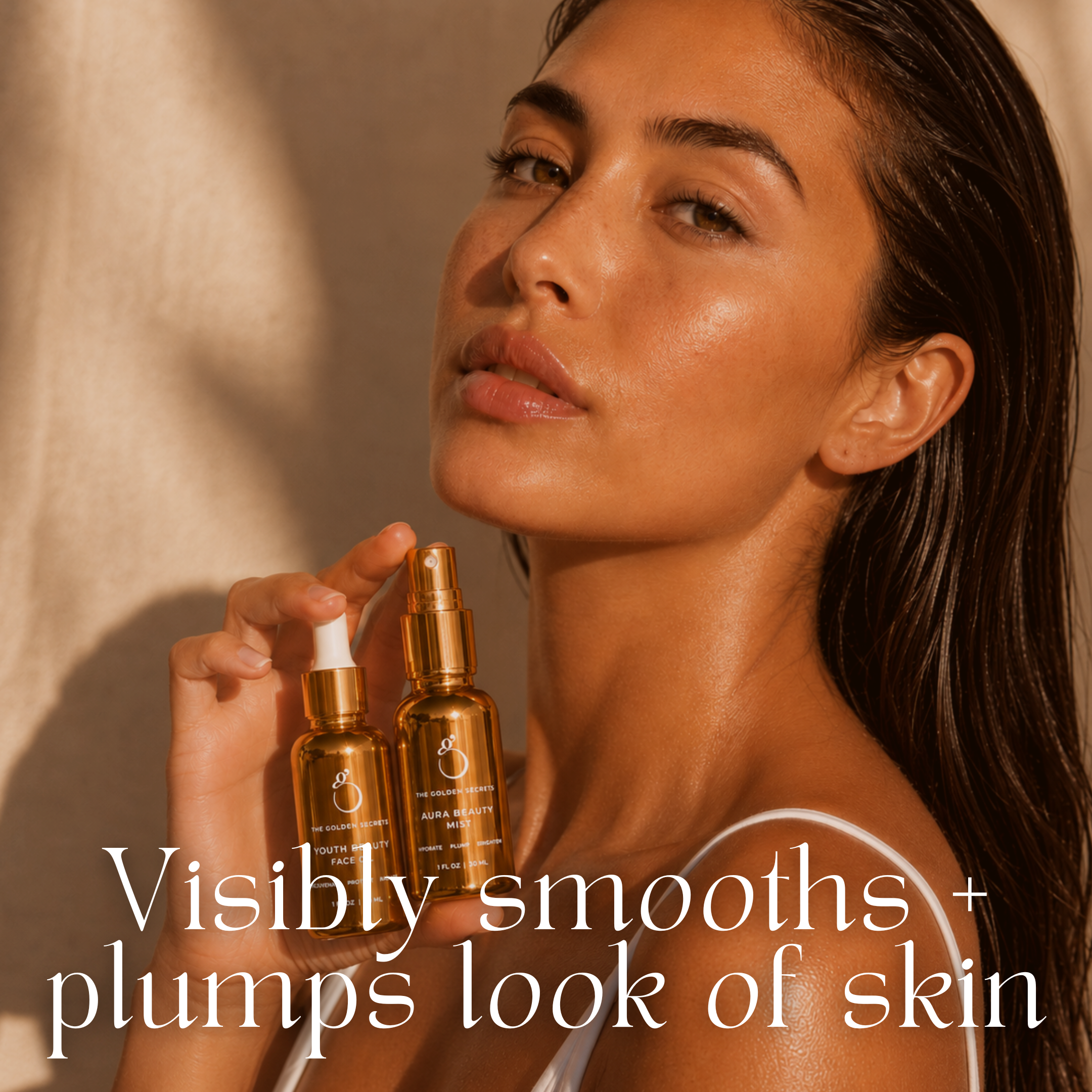 A woman with glowing skin holds two golden skincare bottles, with text overlay: Visibly smooths and plumps the look of skin—featuring THE GOLDEN SECRETS Five-Minute Facelift Kit.